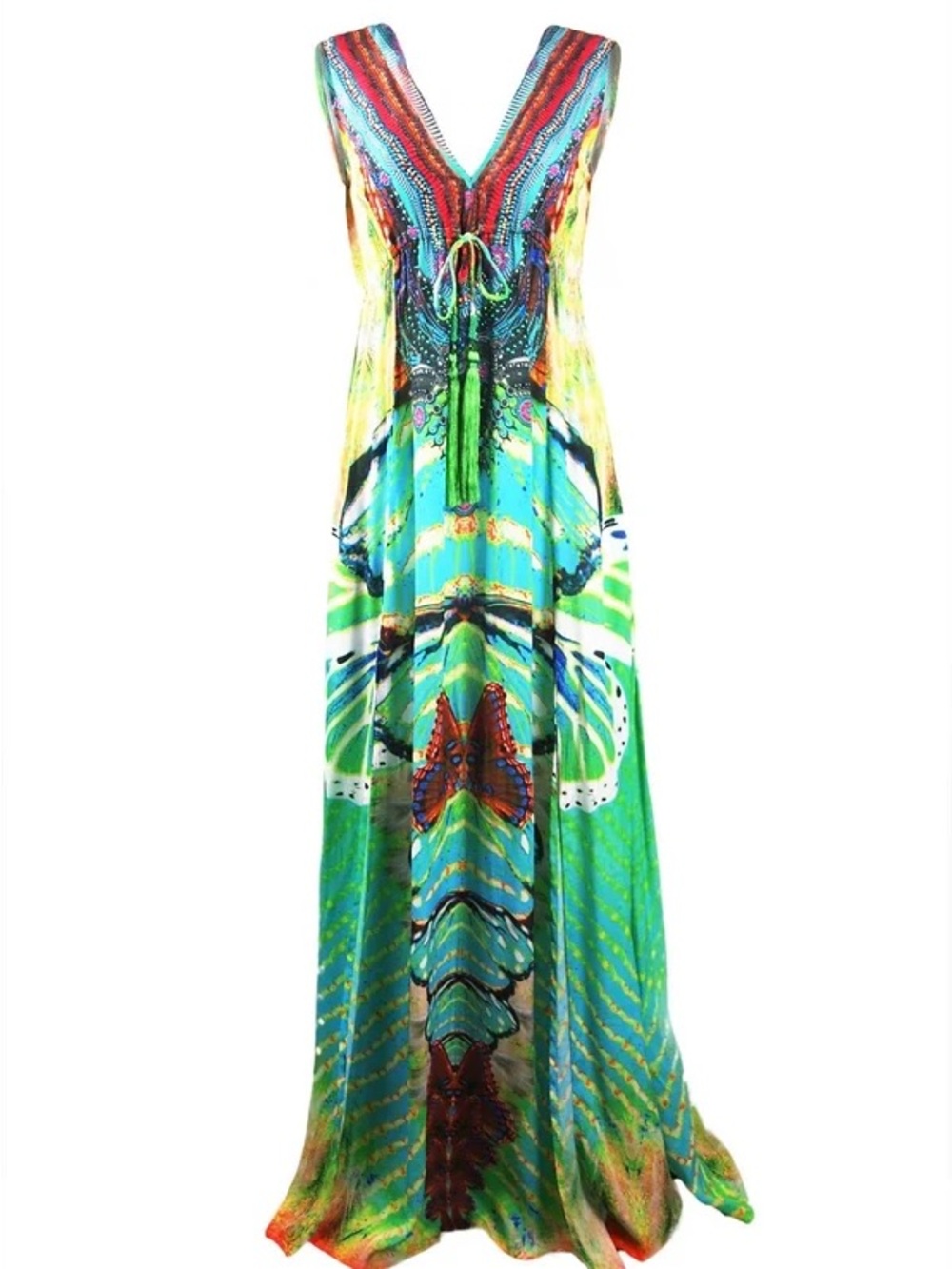 Green Multicolor V-Neck Maxi Dress with Tie Waist